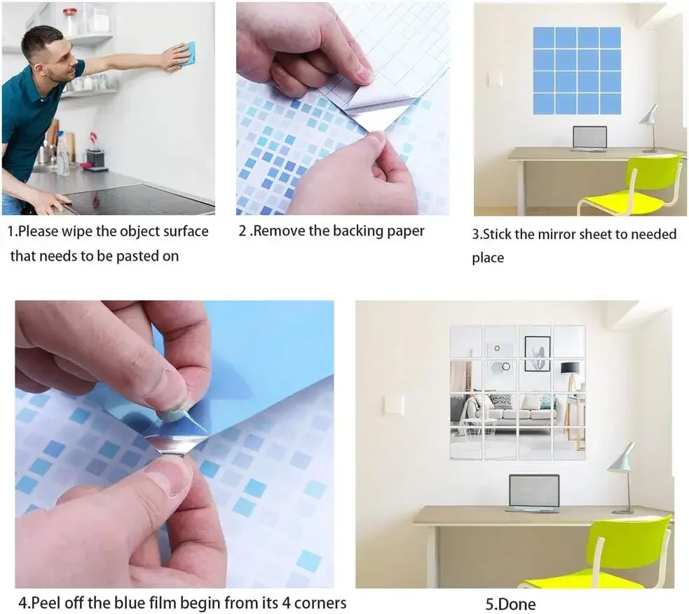 9PCS 15*15cm Mirror Wall Stickers Squares Self Adhesive PET Mirror Tiles DIY Decal Bedroom Bathroom Wall Paper Mural Home Decor