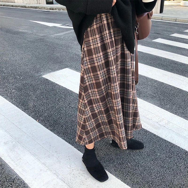 2022 Spring Autumn Korean Women Skirts Plaid Style Loose High Waist Midi A-line Skirt Fashion Streetwear Harajuku Woman Clothing silk skirt