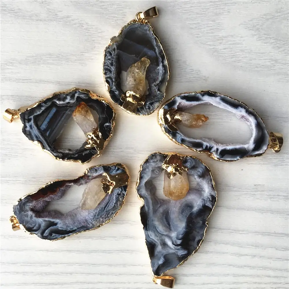Wholesale 4PCS Geode Agates Slice Pendants Inlaid Natural Citrines Point Irregular Shape Stone Elegant Quartzs Jewelry Making
