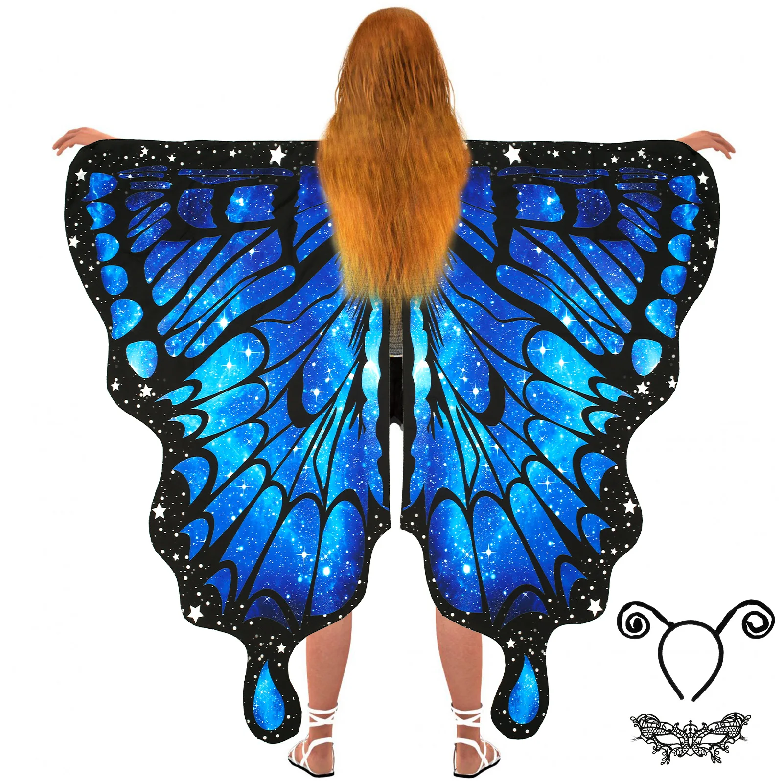 Colorful Butterfly Shawl Costume Mask Adjustable Strap Lightweight Butterfly Wings Shawl Fairy Cape with Antenna Headband