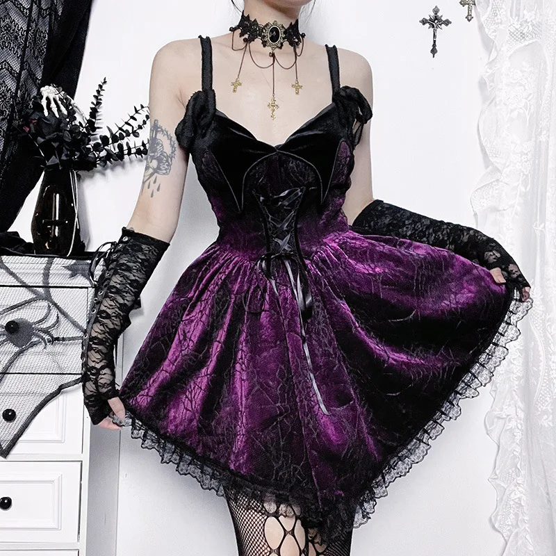 

Goth Dark Grunge Y2k Velvet Bandage A-line Mini Dresses Mall Gothic Spider Web Jacquard Party Dress Women Lace Hem Fall Clothing