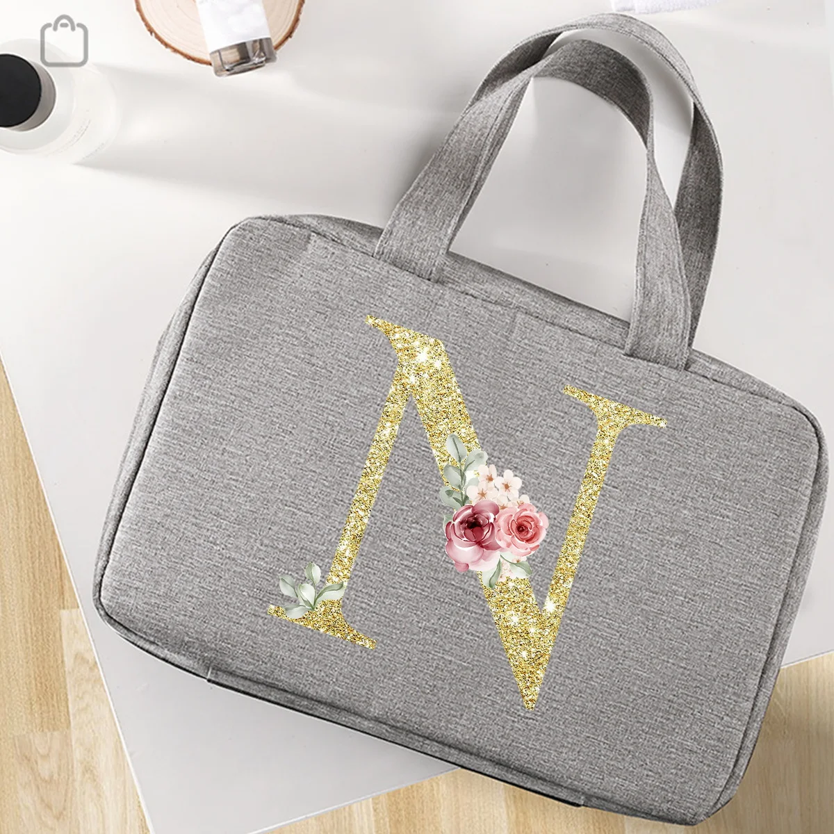 Golden letter printed travel waterproof foldable dry wet separation wash bag with large capacity cosmetic storage bag