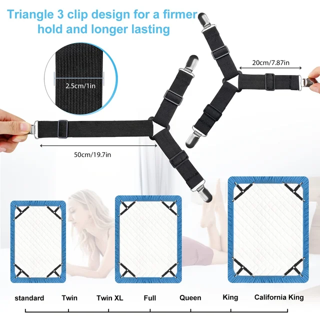 Attaches de drap réglables 4 pièces, Clip de sangle de fixation triangulaire élastique pour draps, housses de matelas, coussins de canapé 2