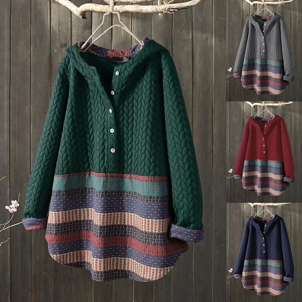

Sweater ladies pullover autumn and winter retro art thick print hooded loose plus size coat women clothing hoodie
