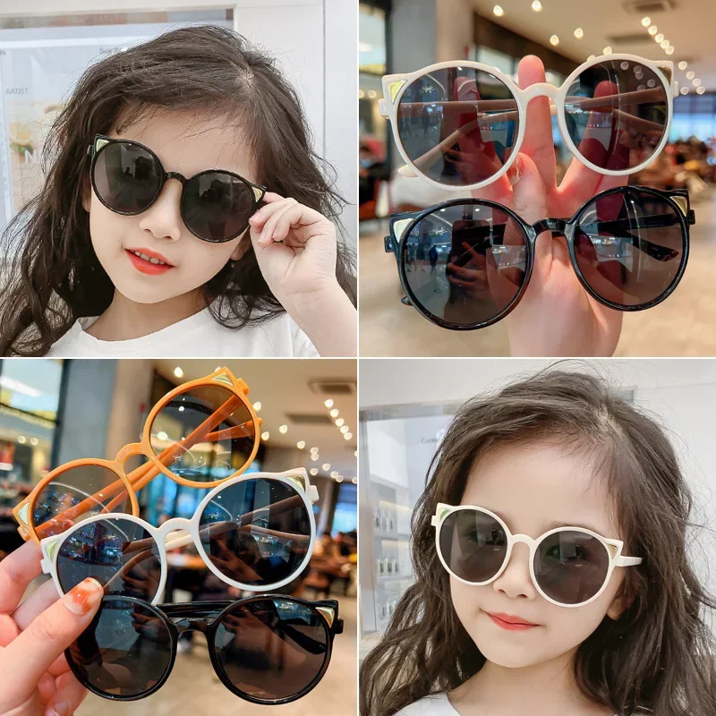 Children Classic Round Frame Sunglasses Boys Girls Cute Cat Ear Vintage Travel Outdoor UV-proof Eyewear