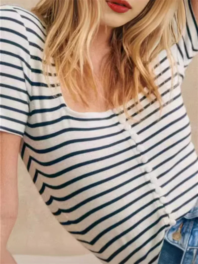 

Женская трикотажная футболка в полоску, с квадратным вырезом, облегающая Повседневная футболка с коротким рукавом, Новинка лета 2024