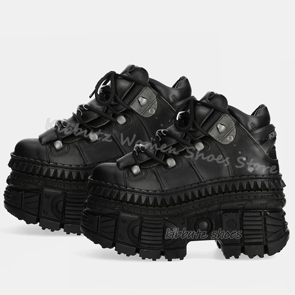 Rivets Gothic Sneaker Thick Bottom Platform Punk Rock Dark Style Lace-Up Fashion Sexy Women Shoes Round Toe Genuine Leather New 4