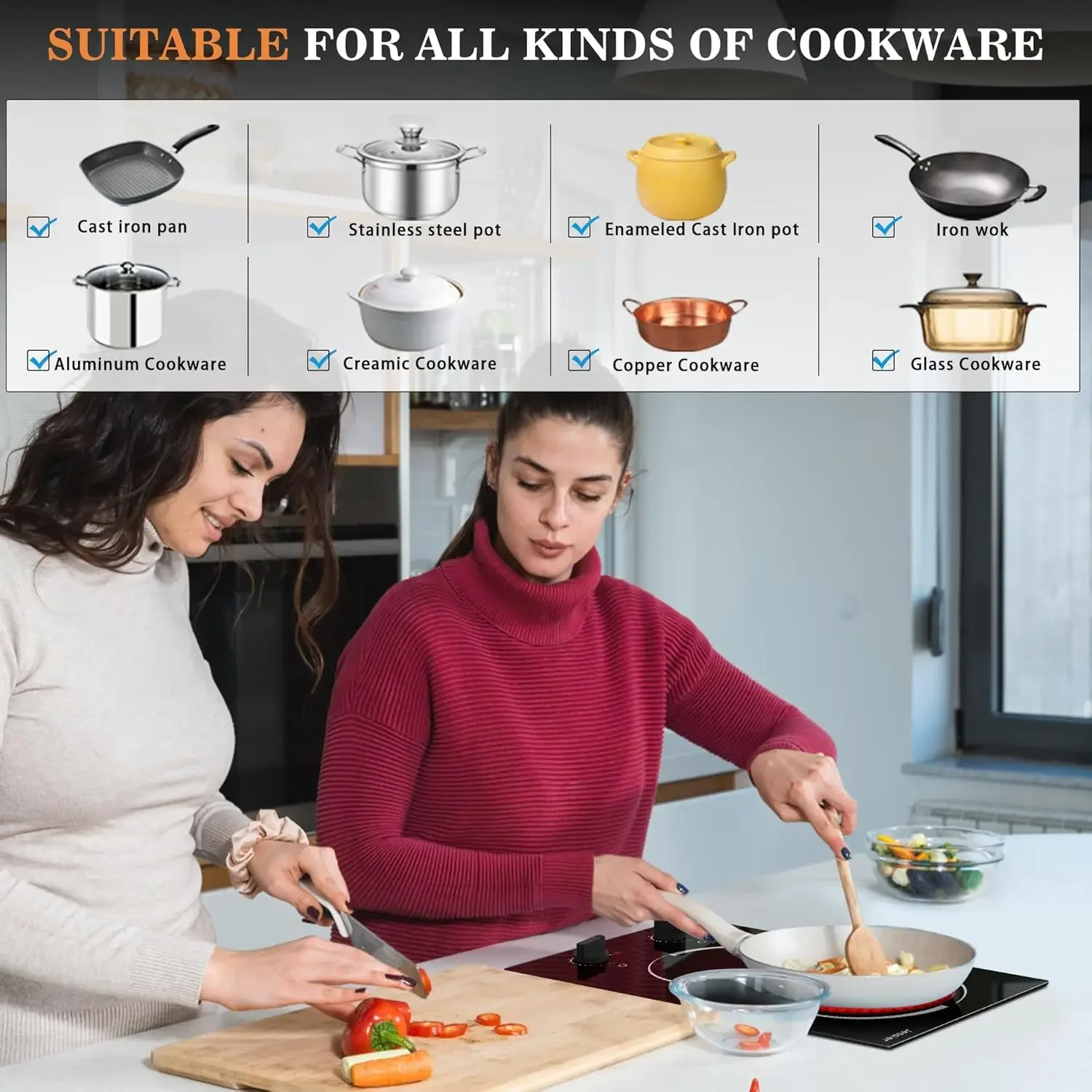 2 Burner Electric - 12 Inch Plug in Portable 110V Electric Cook Top, Built-in & Ceramic Stove Top with Knob Control, 9 Power Lev 4