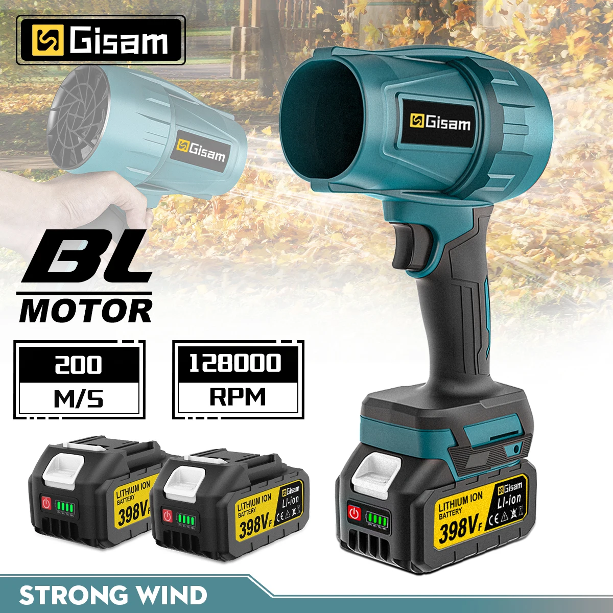 GISAM Brushless Turbo Electric Blower 202216001, 200M/S jet fan, handheld car dryer and dust blowing tool, compatible with Makita 18V battery pin