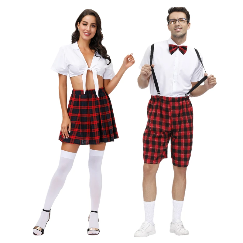 

Student Plaid Suspender Costume Sexy Couples Cosplay Uniform Naughty JK Uniform Game Uniform Halloween Party Stage Costume