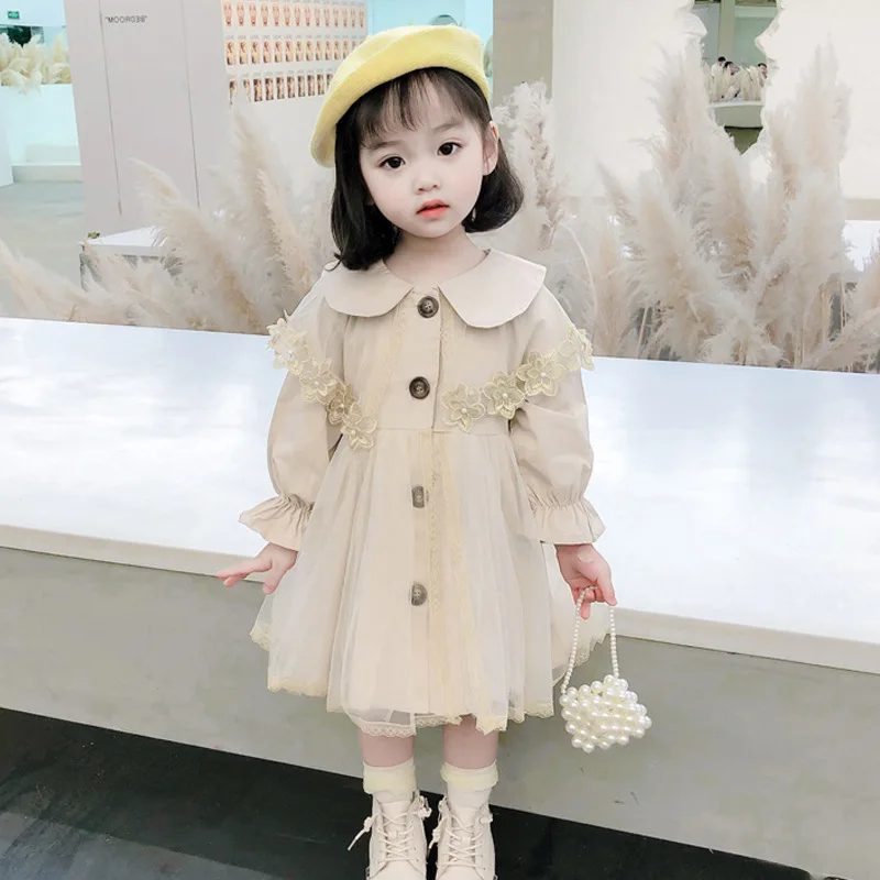 Trench Girls Windbreaker Coat Spring Autumn New Children Clothing Doll Collar Mesh Yarn Baby Middle Length Tops