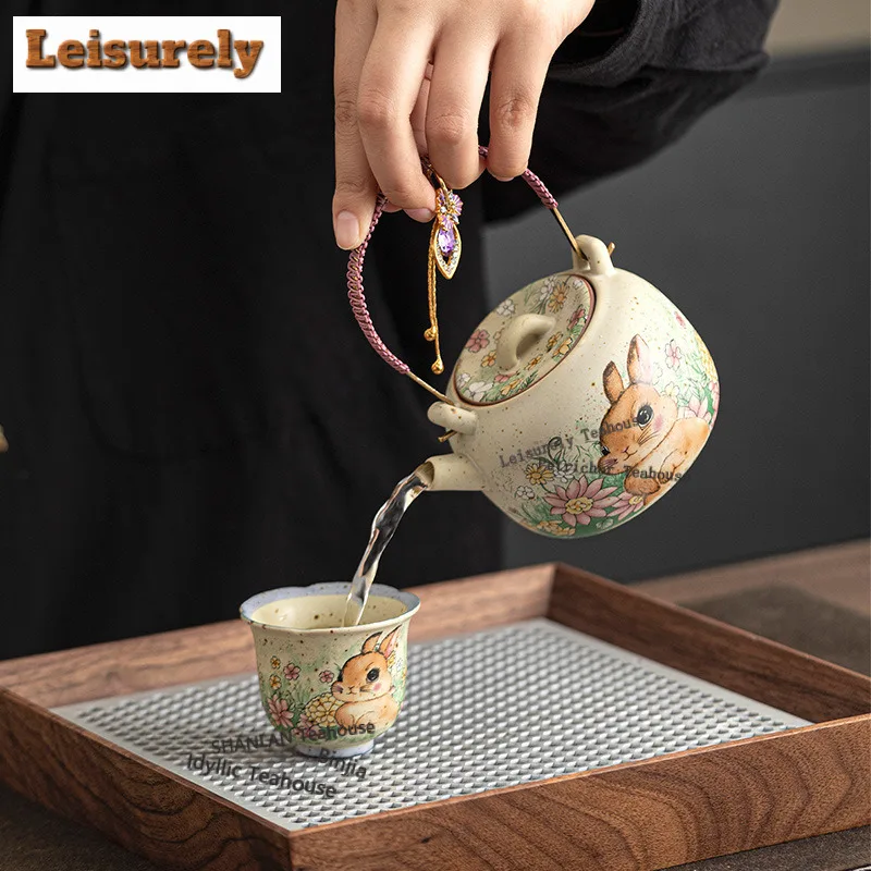 220ML Caramel Glaze Cute Rabbit Lifting Handle Teapot Japanese Tea Infuser Pot Tea Maker Kettle with Ball Hole Tea Items Craft