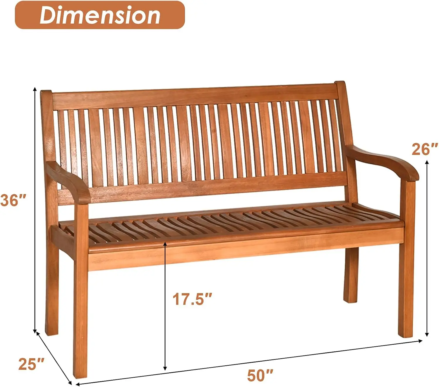 Outdoor wooden bench with curved armrests and backrest - perspective view