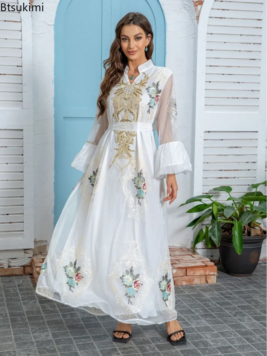 

2024 Elegant Women Evening Dresses Muslim Maxi Dress White Abaya Luxury Sequined Embroidery Design Party Vestidos Dubai Kaftan