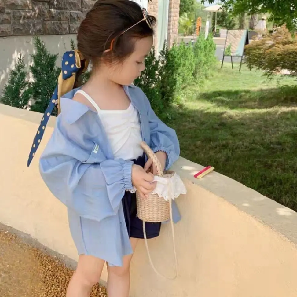 Girls Shirt and Sun-Proof Clothing 2023 Summer New Korean Style Western Style Children's Thin Coat Thin Long Sleeve Shirt