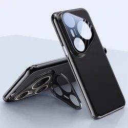 Elegant Leather Slim Case with CamKick Holder and Glossy Frame for Pura 80 Ultra (Black)