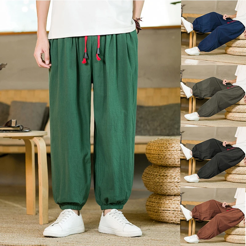 2024 Summer New Chinese Style Men's Breathable Cotton Linen Casual Pants Men's Loose Drawstring Harem Pants Lantern Pants