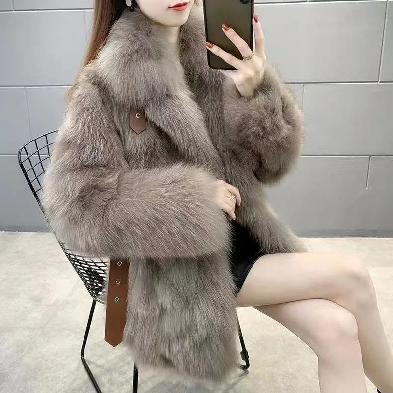 

New Winter Fashion Fur Coat Women Korean Mid-Length Plush Pocket Imitated Mink Hair Warm Jacket Ladies Loose Outerwear H2614