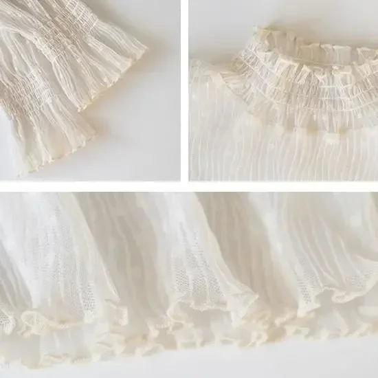 Blusa de verano con cuello alto y malla transparente para mujer, fina, ajustada, con encaje y mangas largas acampanadas