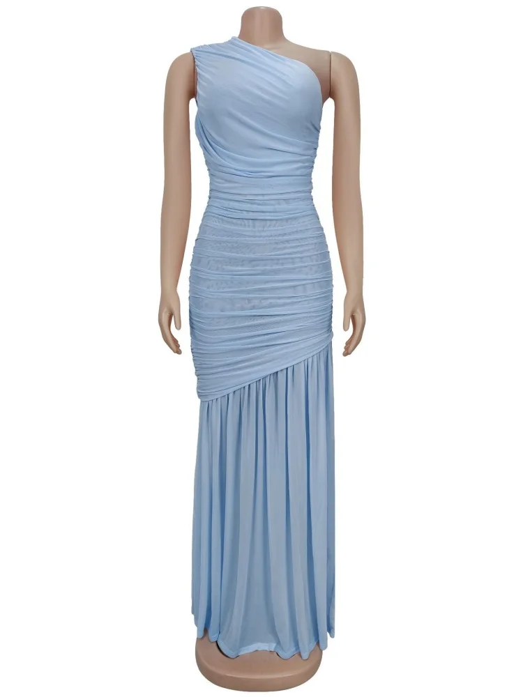 Wmstar 2025 New Women Summer Fashionable Elegant Dress Slanted Shoulder Sexy Transparent Solid Color Dress Sleeveless