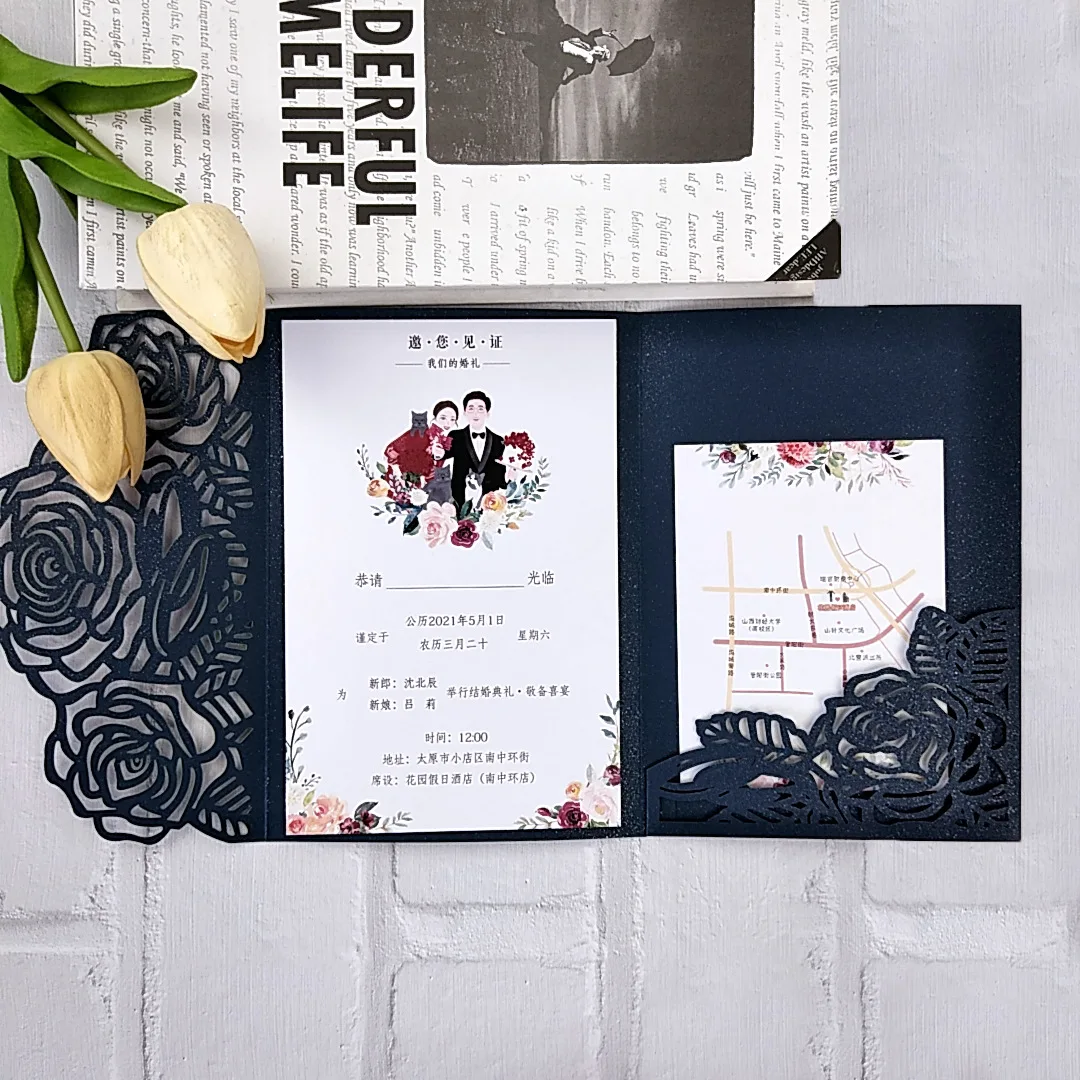 Forest Green Laser Cut Wedding Invitations DIY Kit Printable Tri-fold Floral XV Birthday Shower RSVP Card 10 pieces/lot