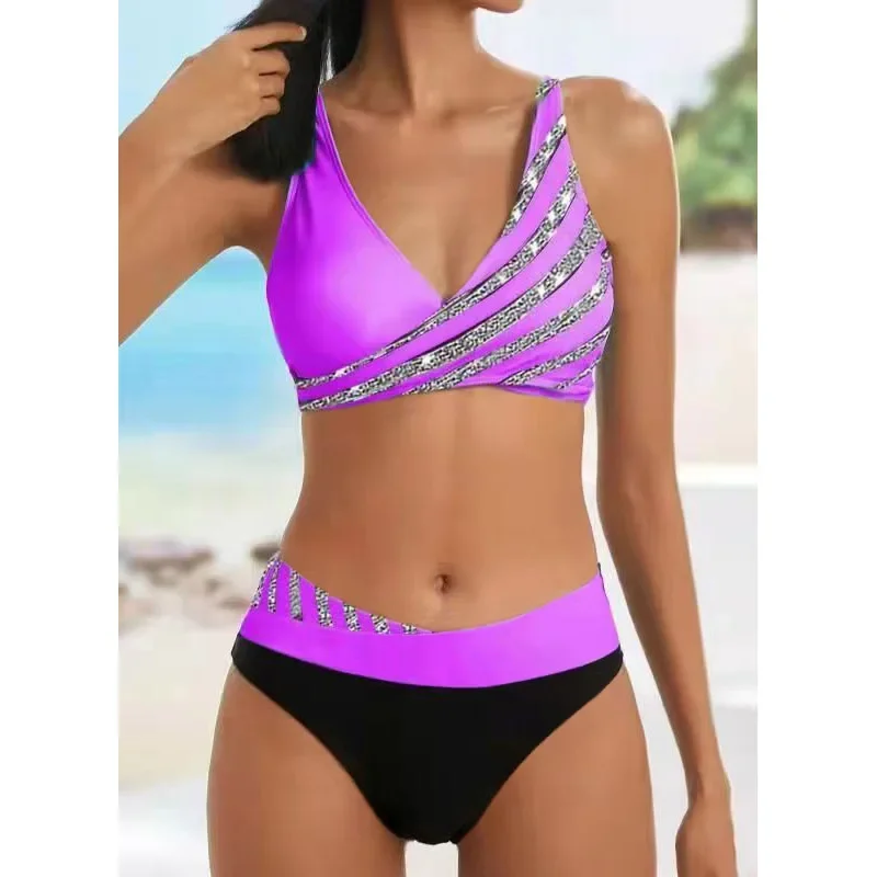 Bikini Swimsuit New Summer Beach Women's Bikini Two Piece Swimsuit Shining Diagonal Rod Print Holiday Lace Up Beach Swimsuit S-5XL