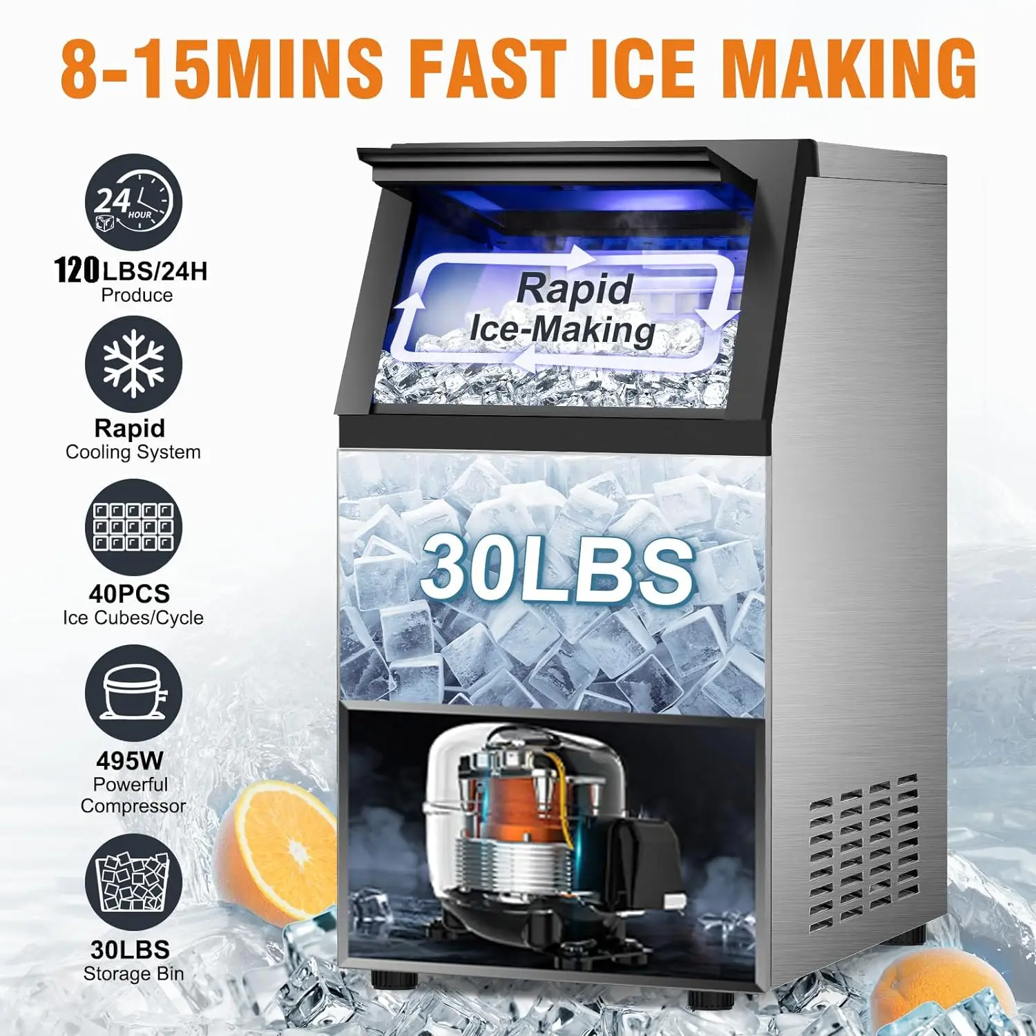 

chine, 120Lbs/24H with 30Lbs Storage Bin, 40Pcs Ice Cubes 6Mins, 2-Way Add Water Freestanding Ice Maker