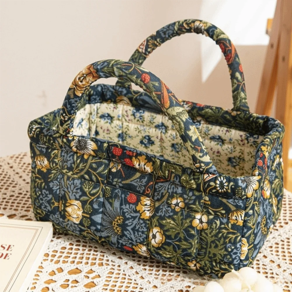 Bento-Handtaschen mit Blumenmuster, faltbar, Patchwork-Design, Einkaufstasche, Baumwollmaterial, tragbarer Aufbewahrungskorb – Detail 2