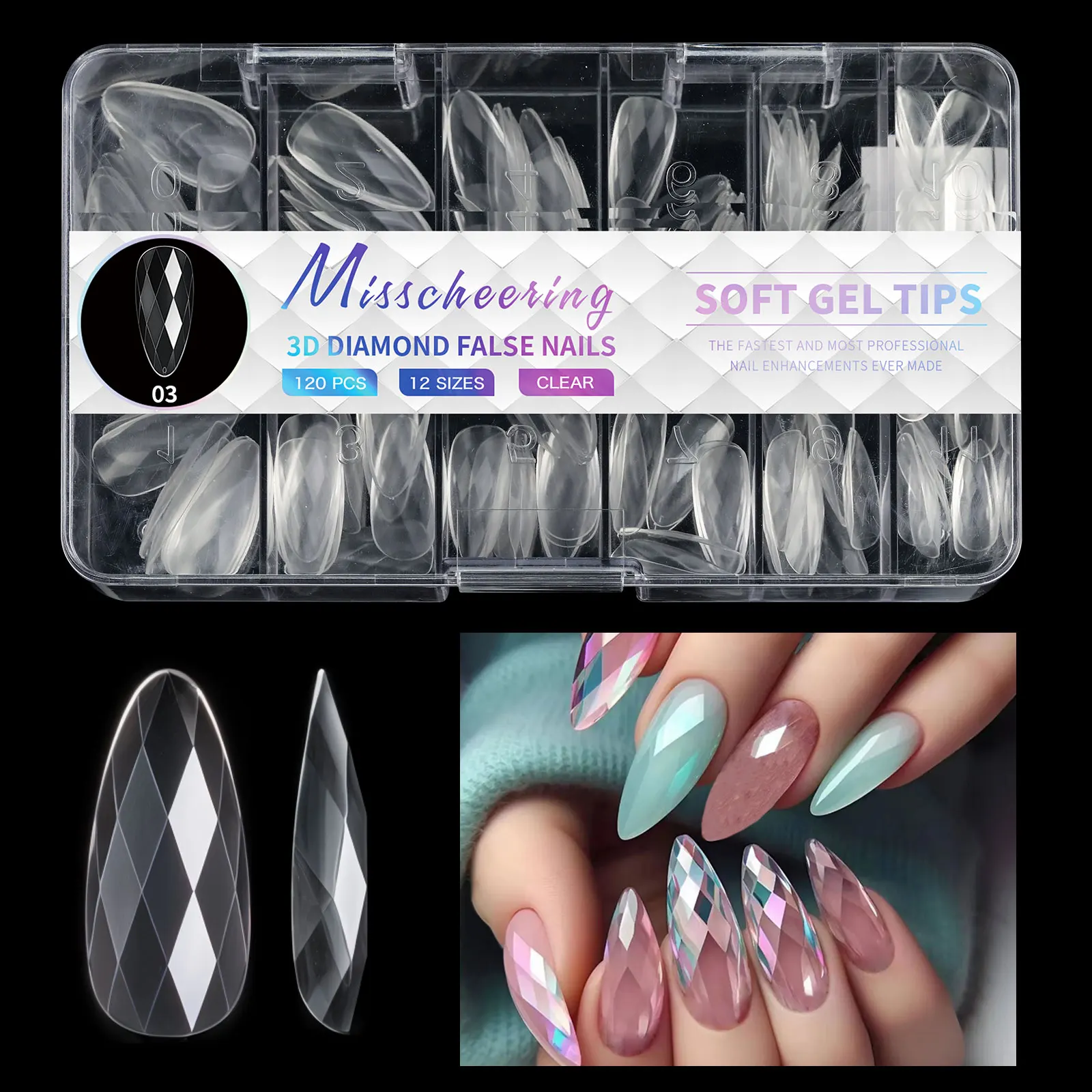 Fake Nails 3D Diamond Almond Ballet Coffin Clear Press On Nails For Acrylic Gel Reusable 120/140Pcs DIY Nail Supplies