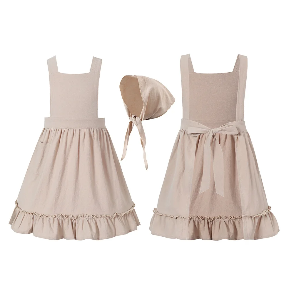 Kids Girls Costume 4-10Y Khaki White Lace Ruffle Apron Bonnet For Pilgrim Girl Village Farm Pioneer Prairie Maid