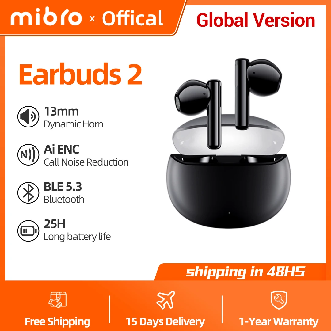 Mibro Earbuds 2 TWS Bluetooth 5.3 IPX5 Wodoodporne ENC HD Call Słuchawki HiFi Kontrola dotykowa Redukcja hałasu Bezprzewodowe słuchawki