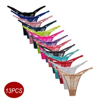 13PCS Adjustable Waist Jacquard Lace G-string Panties Women Low-Rise Perspective Mesh Thong Underwear Sexy Hot Ladies T-back