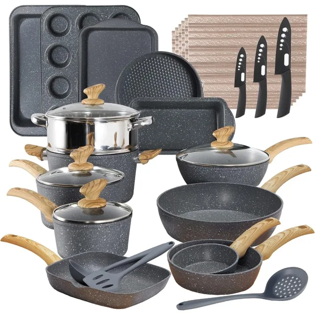  Kitchen Academy Induction Cookware Set - 17 Piece Gray Cooking  Pan Set, Granite Non-Stick Pots and Pans Set: Home & Kitchen