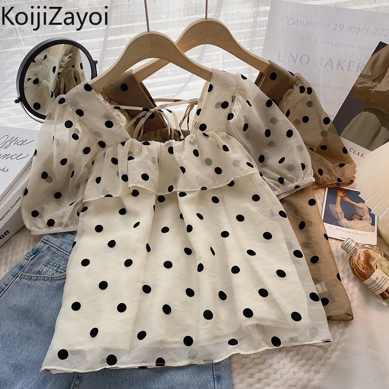 

Koijizayoi Polka Dot Women Chiffon Blouse Fashion Lady Summer Square Collar Shirt Short Sleeves Chic Korean Blusas 2022 New
