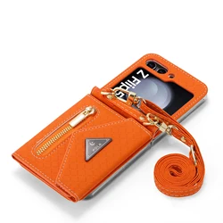 Zipper Leather Wallet Case with Card Holder & Wrist Strap - Magnetic Folio Handbag Cover - Galaxy Z Flip 7 FE (Orange)