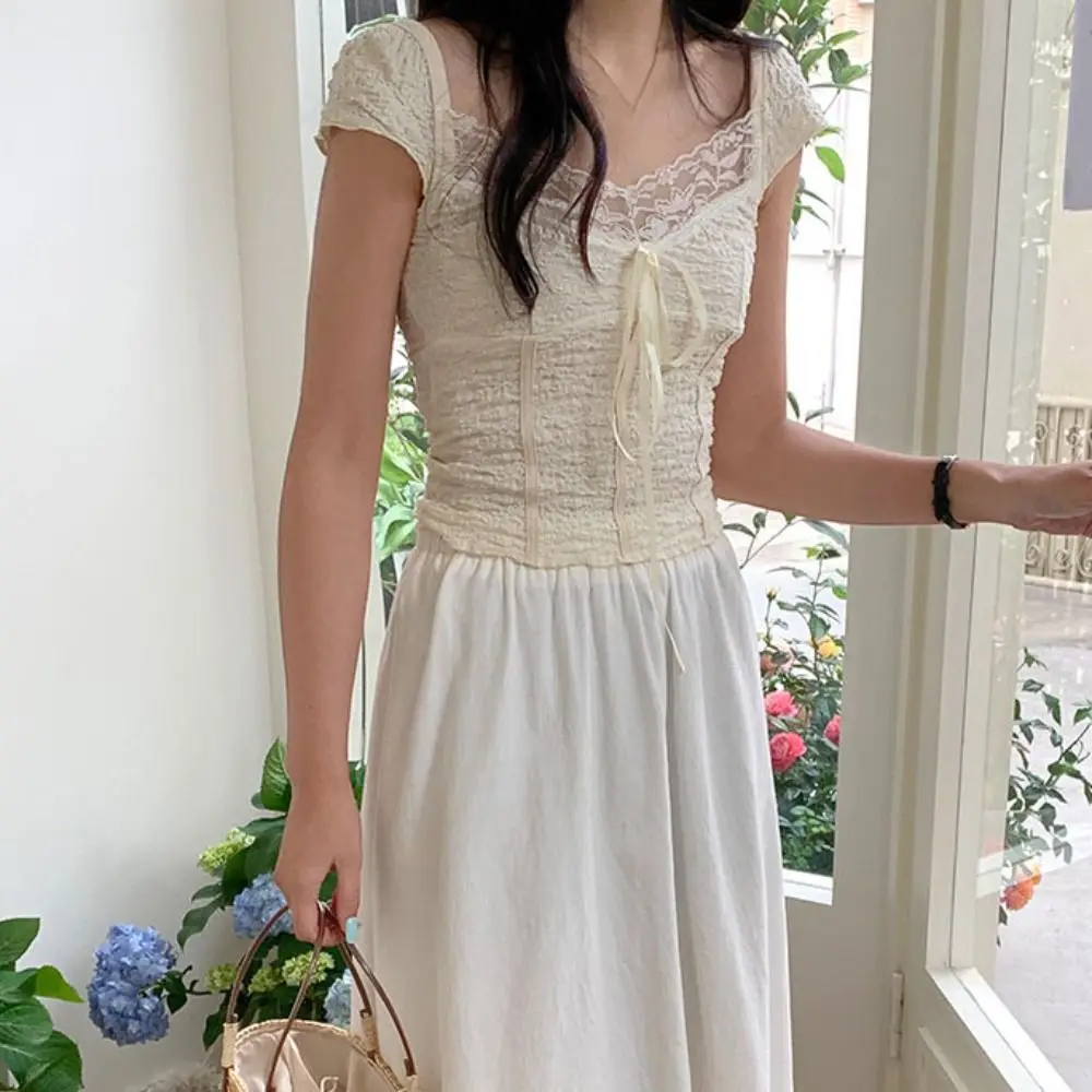 Ins Sweet Slim Crop Top Female Clothing Korean Style Short Sleeve T-shirt Spicy Girl Bottoming Shirt Lace Bow T-Shirt Women Girl
