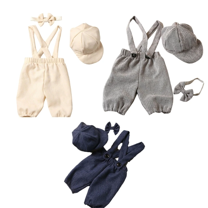 

Newborn Costume Photography Clothes Vintage Uniform Hat Suspender Pants Photo Props Photo Posing Outfit
