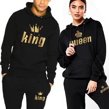 Men Women Tracksuit King And Queen Letter Print Hoodie and Jogger Pants Jogging Suit Sportswear Casual Fashion Couple Outfits 1