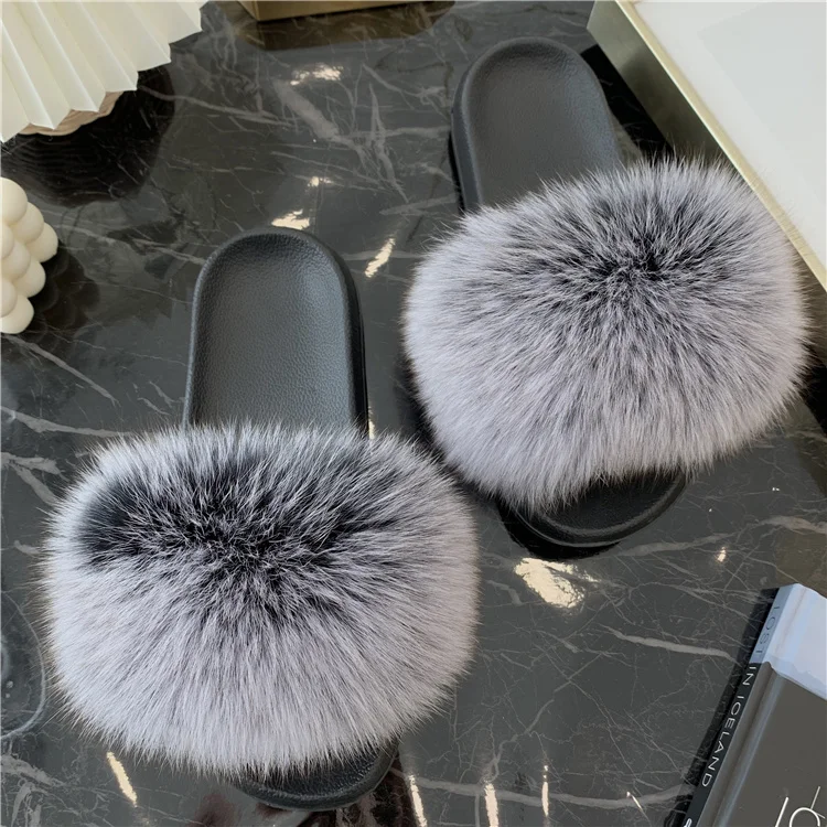 

Fluffy Fur Slides Summer Women Fox Fur Slippers Indoor House Ladies Fur Sandals Furry Flip Flops Plush Shoes Woman Fuzzy Flat