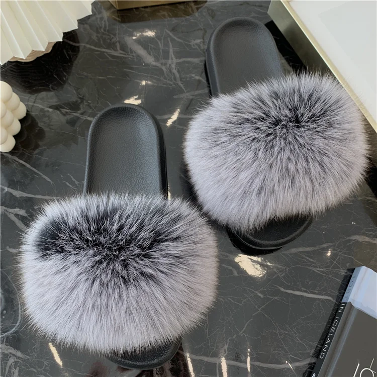 Real Fur Slides Summer Fox Fur Slippers Women Indoor House Ladies Fur Sandals Furry Flip Flops Plush Shoes Woman EVA Slippers