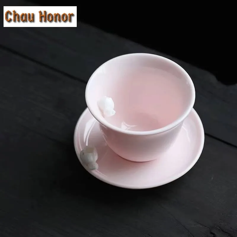 2pc/lot Boutique Pink Mutton Fat Jade Inch Flowers Teacup Tea Bowl Water Jug Tea-tasting Smelling Cup Chazhan Master Cups Cafes