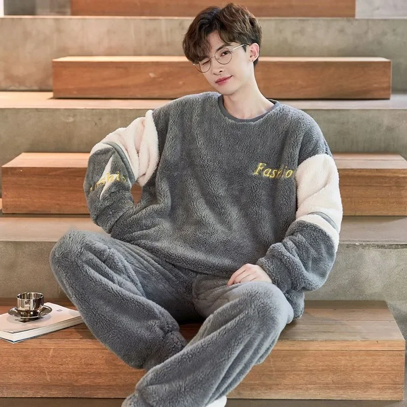 2024 New Sleepwear Men's Winter Thick Plush Loungewear Coral Velvet Youth Cartoon Flannel Nightwear Warm Plus Size Homewear Set