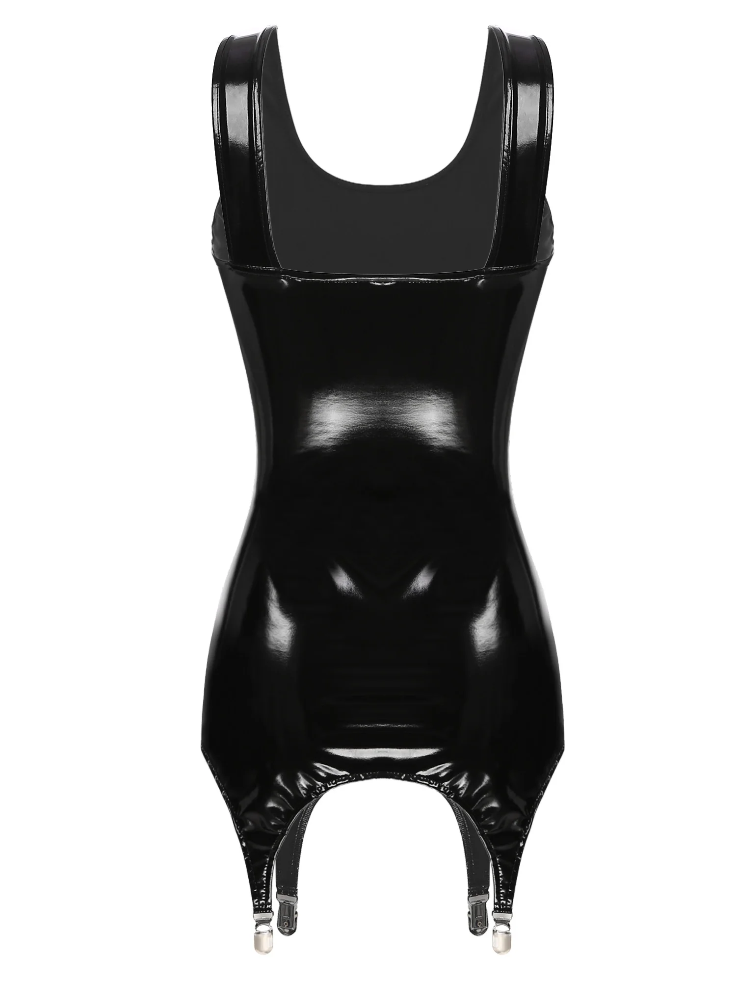Womens Wet Look Patent Leather Tank Dress Festival Clubwear Sleeveless Latex Nightclub Bodycon Mini Dresses with Metal Clips 5