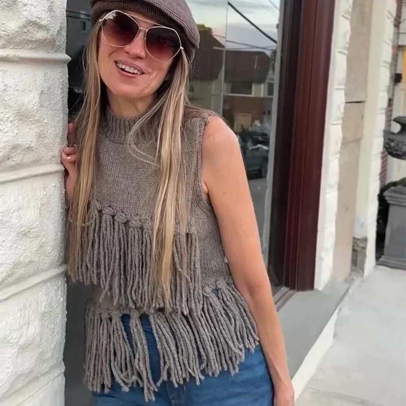Chaleco de punto con borlas de calle para mujer, suéter de cuello medio alto, sin mangas, ajustado, camiseta sin mangas para mujer, primavera 2025, ropa de abrigo suave para mujer