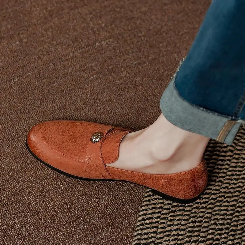 

Round Toe Orange Flats Low Heel Daily Shoes Fot Women Real Leather Simple Shoes Slip On Spring Autumn Ladies Loafers Round Toe