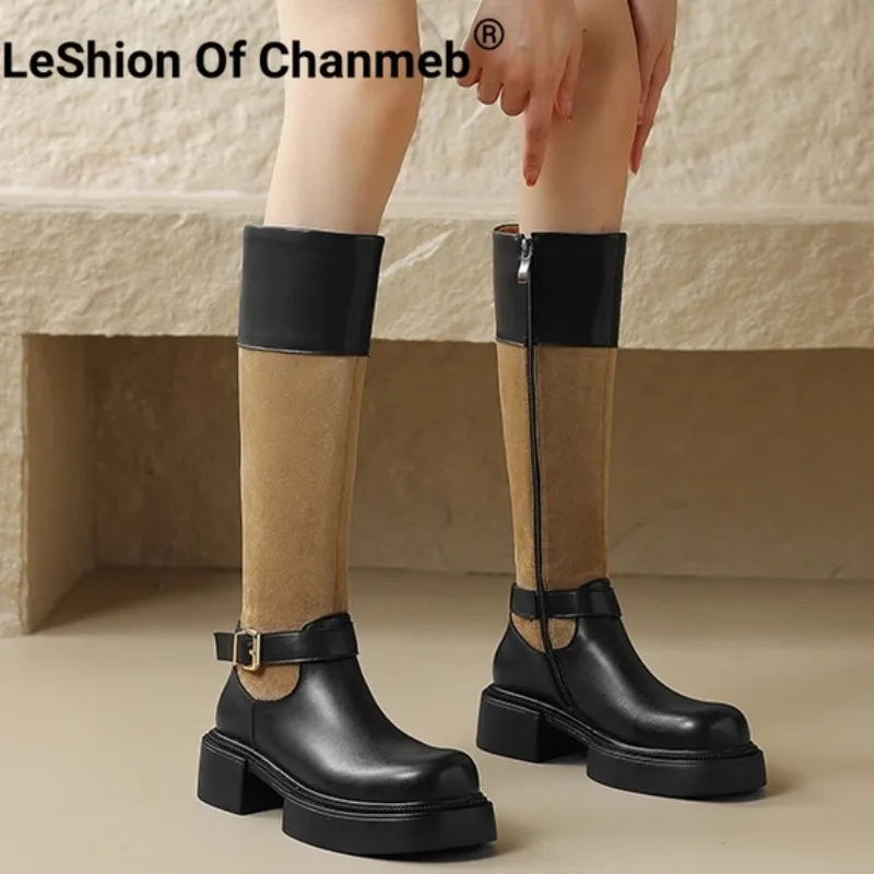 

LeShion Of Chanmeb Women Genuine Leather Knee-High Boots Faux Suede Belt Buckle Riding Boots Goth Medium Heels Zipper Shoes Lady