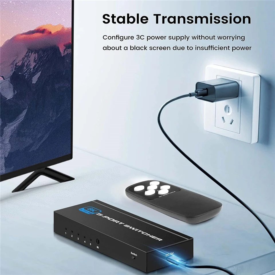 HDMI 2.1 Switcher 8K 60Hz 4K120Hz HDMI-compatible Switch 5 in 1 Out with Remote