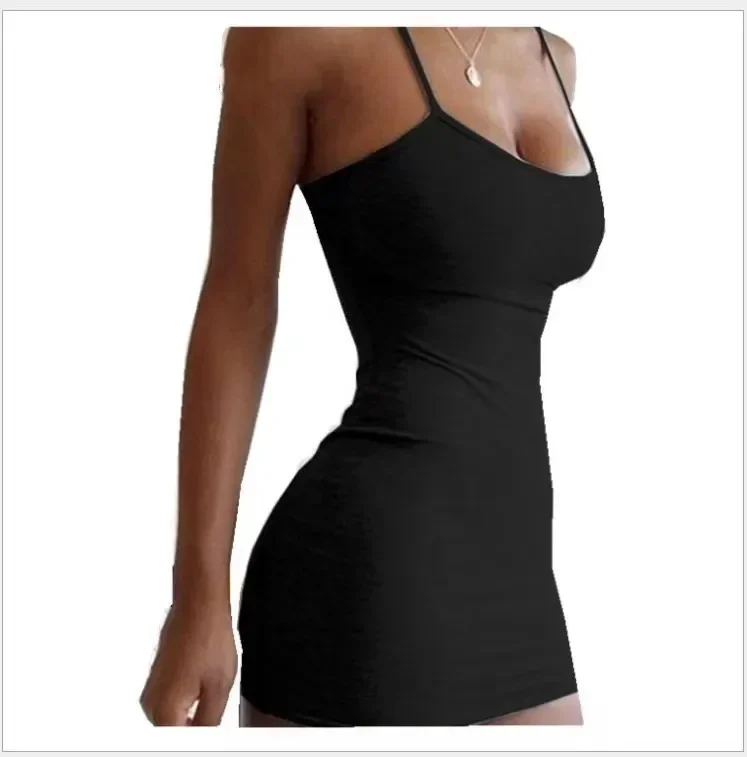 dulzura 2021 summer women pure strap mini dress v neck bodycon sexy streetwear party club slim elegant clothes y2k Women Club Party Dresses Female Black Beach Sundress Summer Basic Plus Size Bodycon Cami Dress Sexy Spaghetti Strap Mini Dress