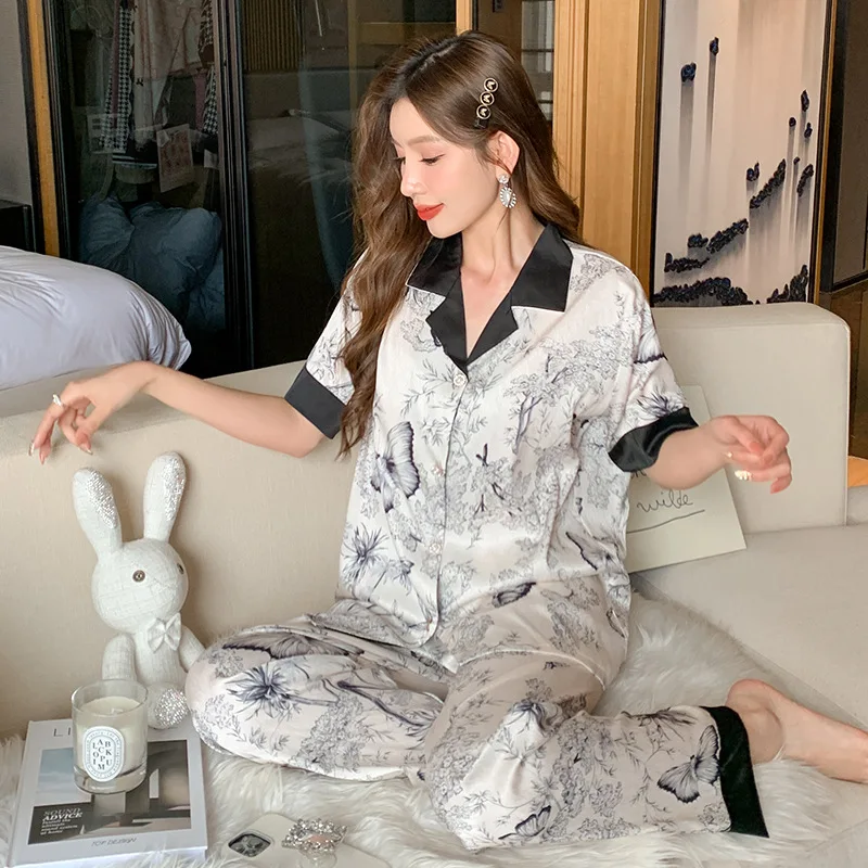 여성용 럭셔리 잠옷, 얇은 파자마, 우아한 여성용 잠옷, 인조 실크 라펠 파자마 세트, 반팔 긴 바지