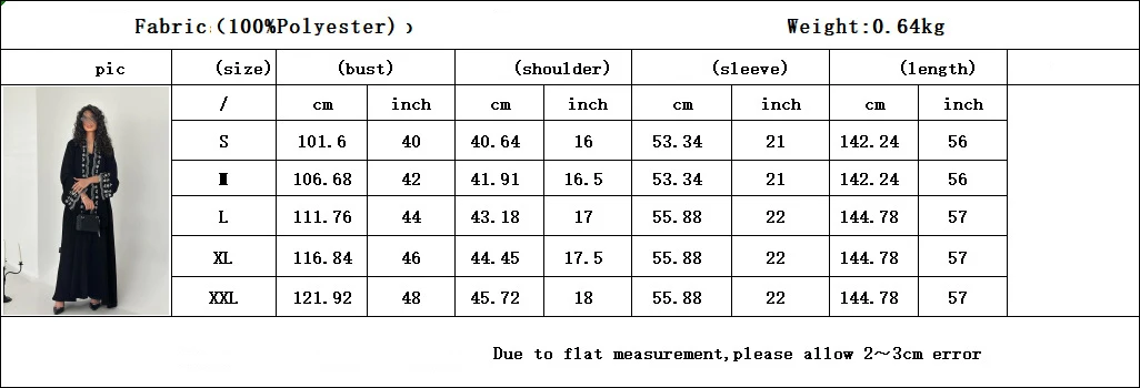 Supplier size chart for the black abaya, showing S to XXL garment measurements
